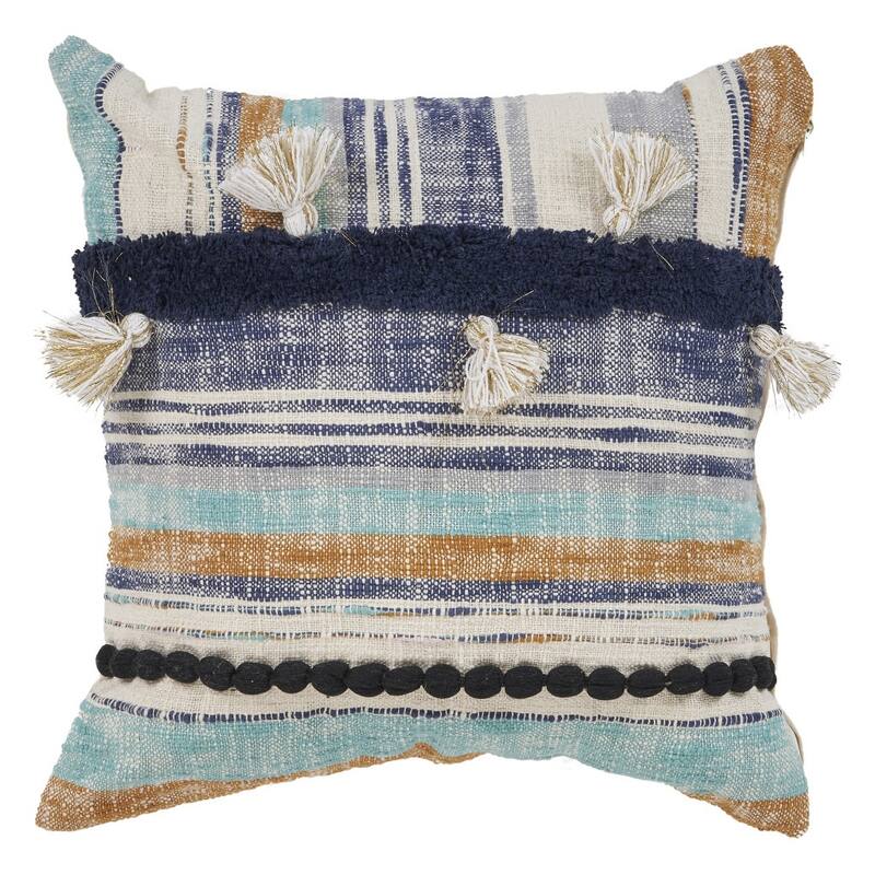 HomeRoots 18" X 18" Blue and Beige Patchwork Cotton Zippered Pillow With Tassels