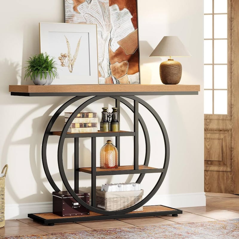 41 Inch Modern Entryway Console Table with Metal Frame and Wood Shelves for Living Room or Hallway - 11.81"D x 41.34"W x 31.5"H - Brown