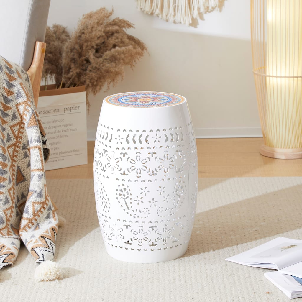 12.25" Modern Round Side Table with Boho Pattern Ceramic Tile Top and Unique Color Iron Frame