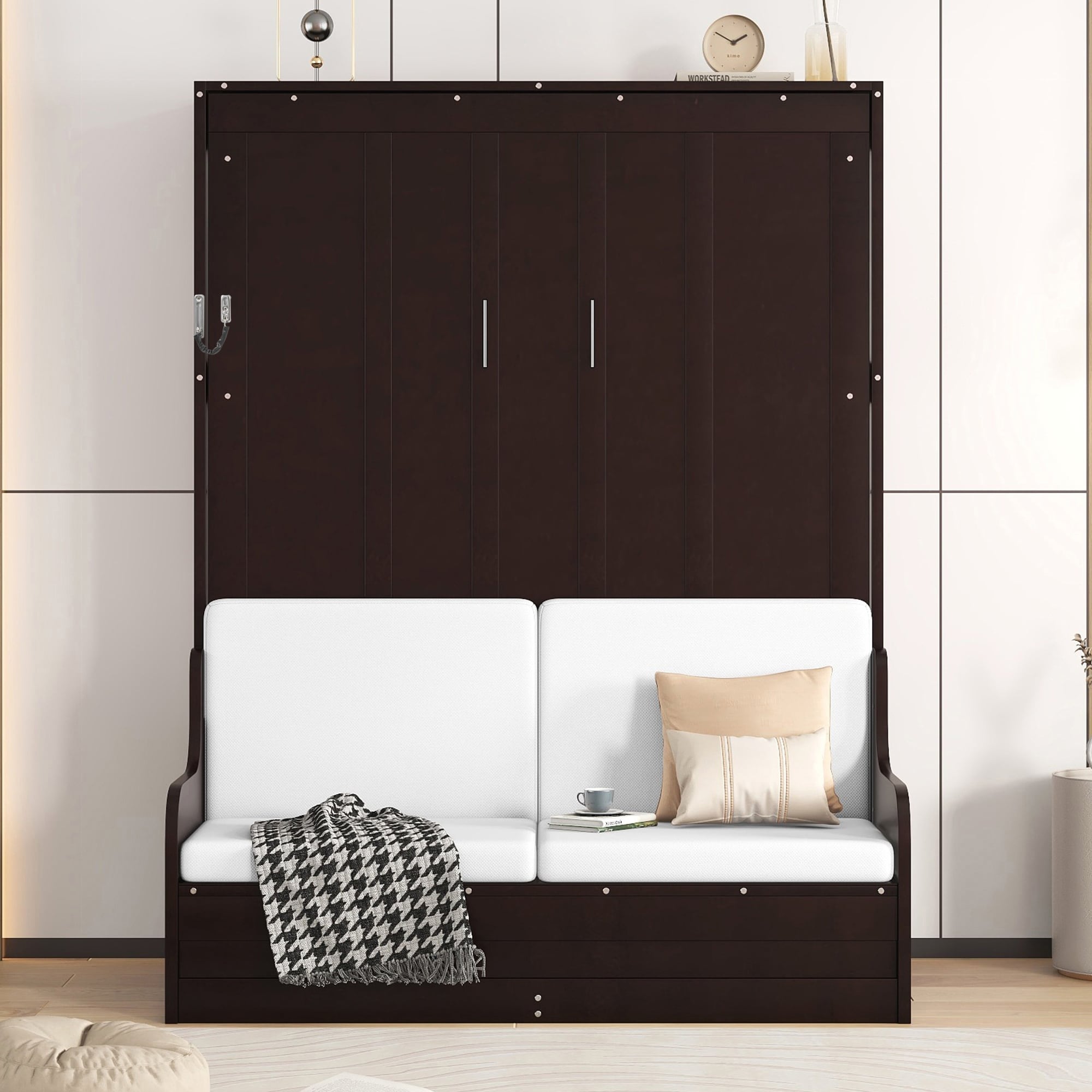 Roomfitters Queen Wall Murphy Bed with Integrated Cushion Seat and Storage Wood