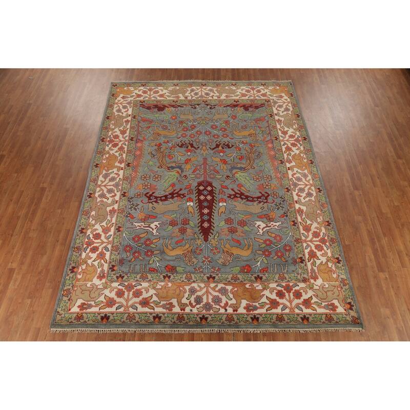 Hunting Animals Design Ziegler Indian Rug Handmade Gray Wool Carpet - 8'11"x 11'8"