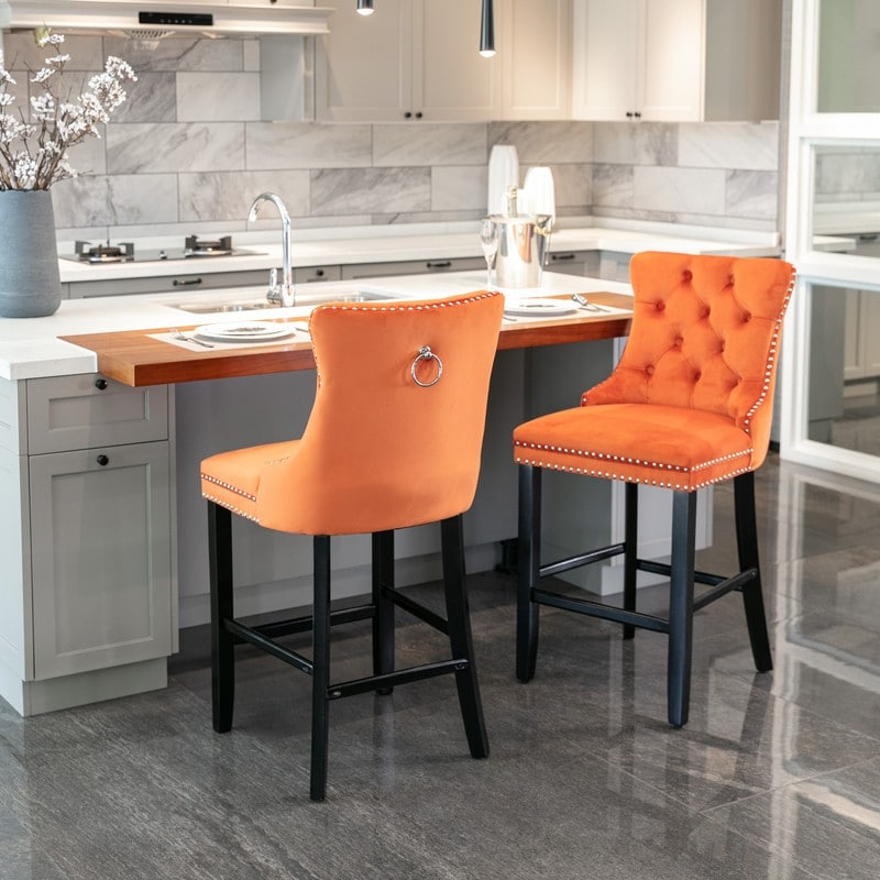 Velvet Upholstered Bar Stools With Wing Back And Footrest Set of 2 Orange Set of 2