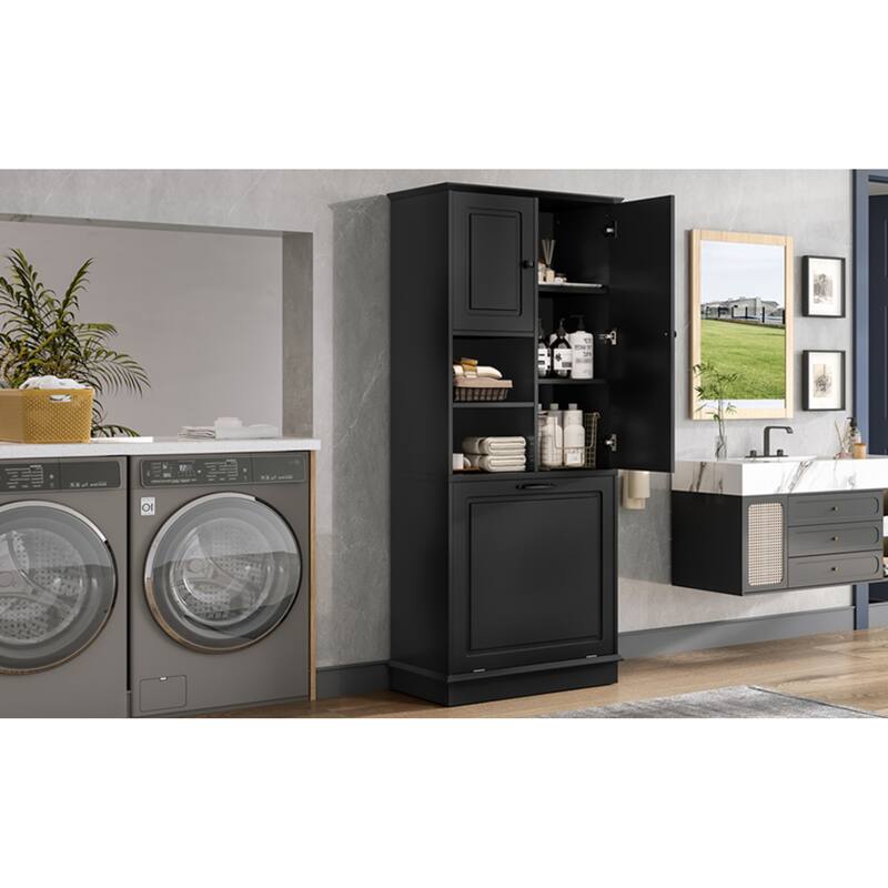 Roomfitters 67" Tall Storage Cabinet with Flip-Out Basket & Adjustable Shelves, MDF Linen Tower for Bathroom & Office