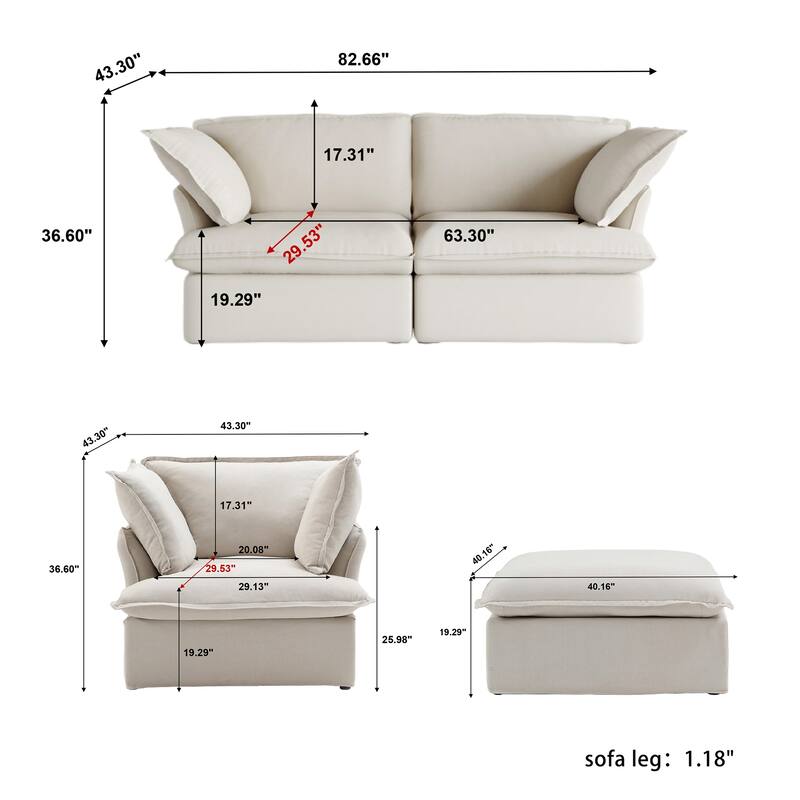 3 Piece Upholstered Living Room Sofa Set, Sectional Sofa Couch With Down Filled