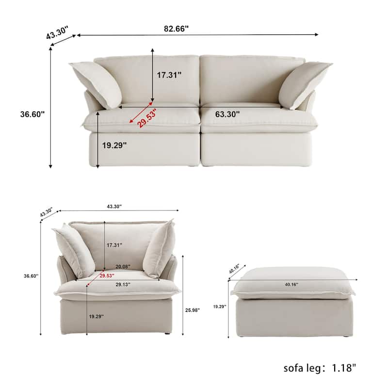 Minimalism Living Room Furniture Set Down Filled Comfort Overstuffed Modern Linen Sofa Loveseat, Chair and Ottoman