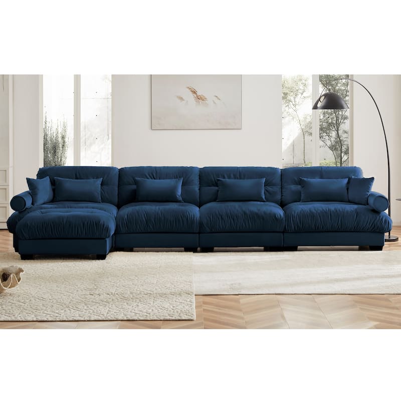 Modern Sectional Couch Comfortable Upholstered Sofa Set with Lumbar Pillow and Throw Pillow for Living Room - 4 Seats + 1 Ottoman - Blue