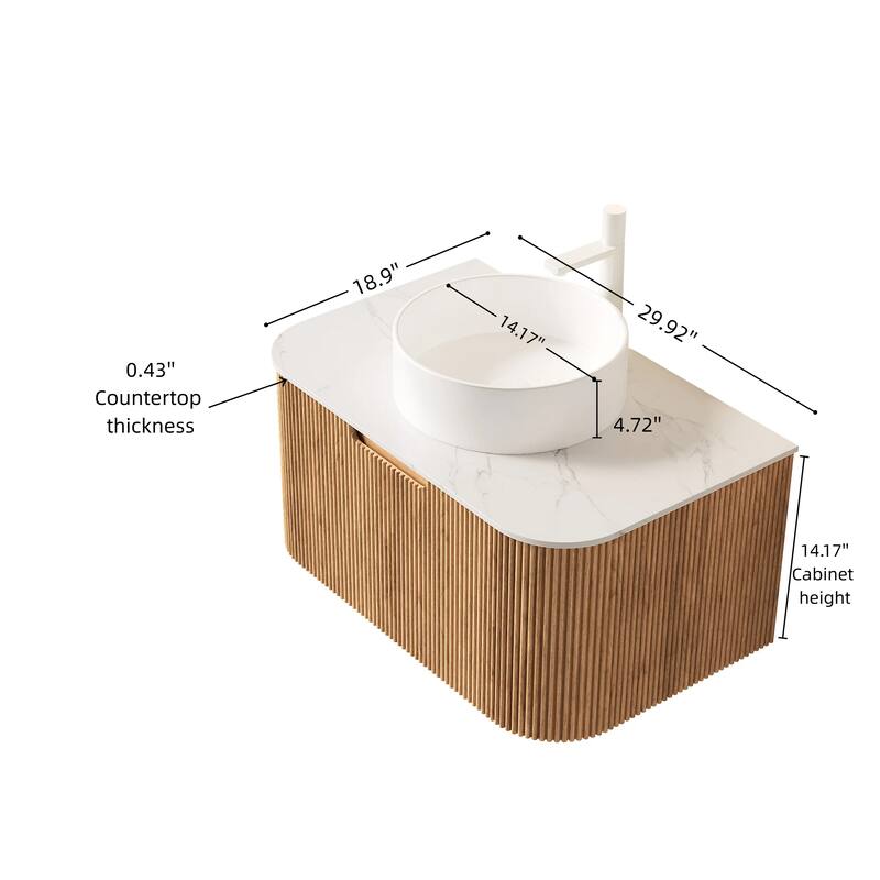 30" Bathroom Vanity&Sink, Floating Curved Edges Striped Bathroom Storage Cabinet with Drawer, White Round Ceramic Basin