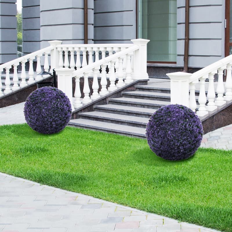 15" Diameter Artificial Lavender Topiary Balls Set of 2 Faux Boxwood Spheres for Outdoor Use - 12"Dia
