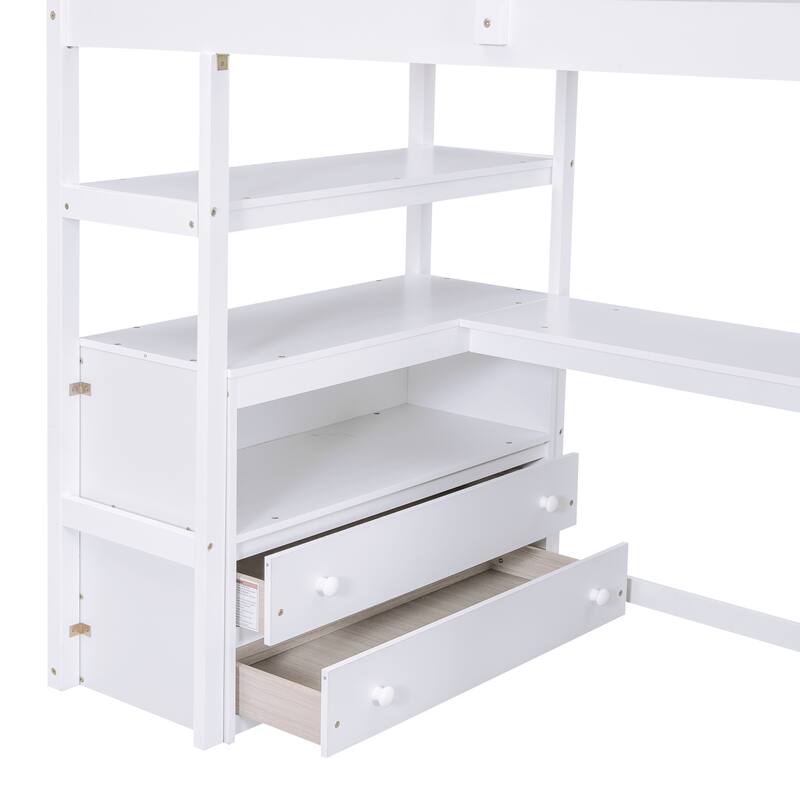 Twin Loft Bed with Desk, Shelves, Storage Staircase, and Two Drawers in White