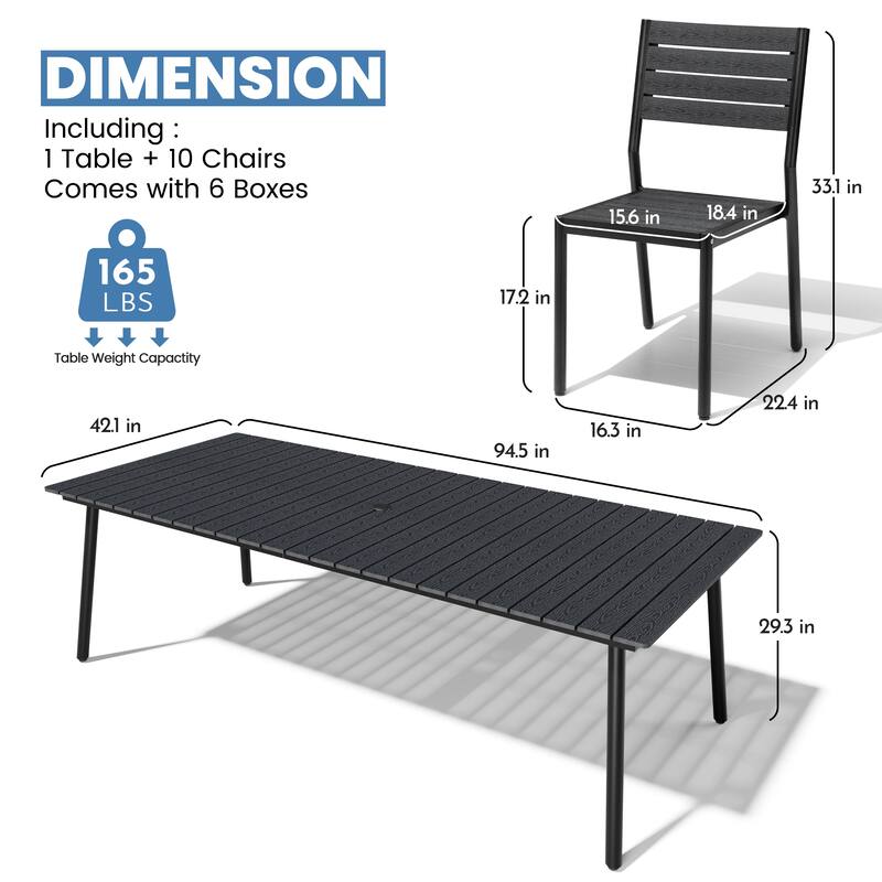 11-piece Outdoor Patio Aluminum Rectangle Dining Set with Umbrella Hole
