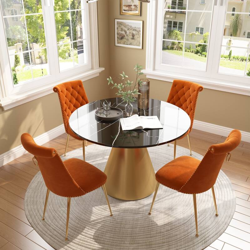 48" Marble Top Metal Dining Table with Velvet Dining Chair Set