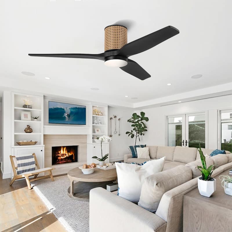 MLiAN 52 In. 3 Solid Wood Blades Flush Mount Ceiling Fan with Light Kit - 52" - Black