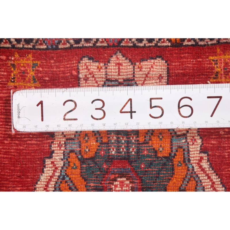 Red Geometric Saddle Bag Persian Accent Rug Hand-Knotted Wool Carpet - 1'1" x 2'7"
