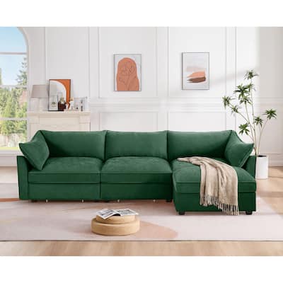 Chenille Fabric Upholstered Sectional Sofa with Under-Seat Drawers and Storage Ottoman
