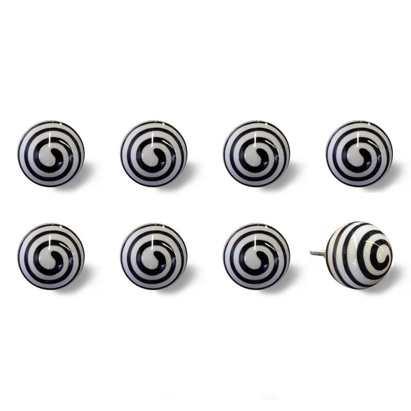 Set of 8 Hand-Painted Black & White Botanical Ceramic and Metal Cabinet Knobs - 1.5" x 1.5" x 1.5"