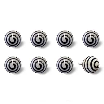 Set of 8 Hand-Painted Black & White Botanical Ceramic and Metal Cabinet Knobs - 1.5" x 1.5" x 1.5"