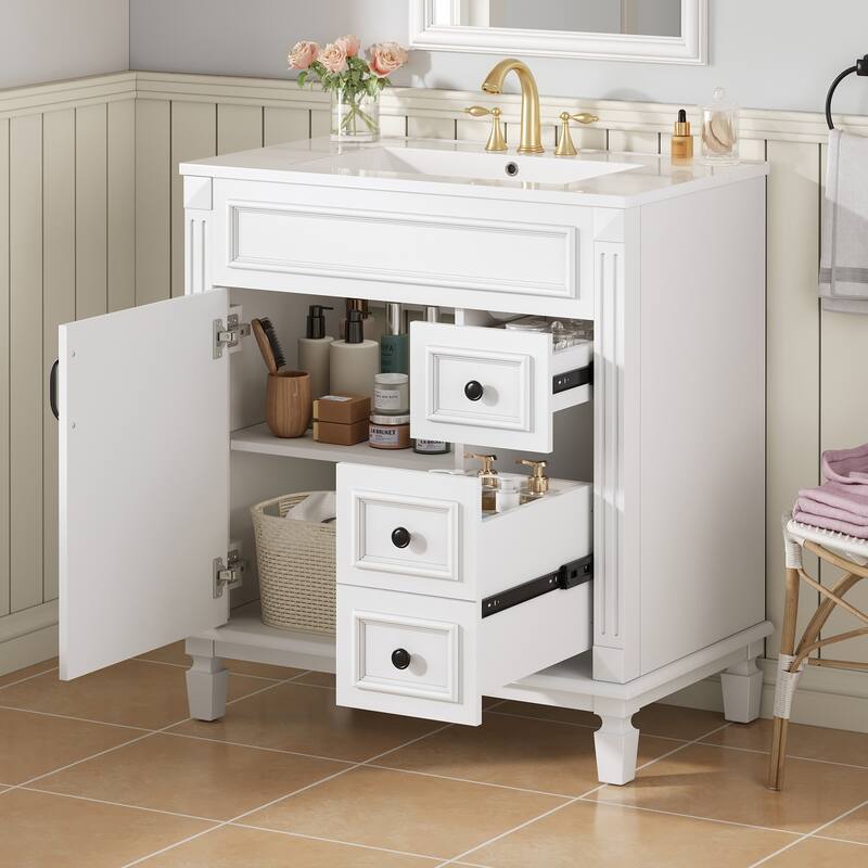 Bathroom Vanity with Ceramic Sink, Small Bathroom Storage Cabinet, Bathroom Cabinet with 2 Drawers & Adjustable Shelf