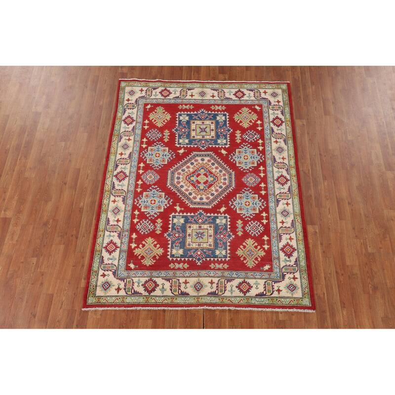 Traditional Red Kazak Oriental Area Rug Hand-Knotted Wool Carpet - 5'1" x 6'9"
