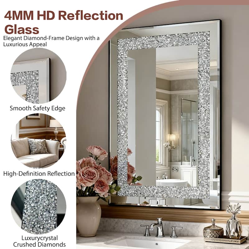 GDFStudio - Crystal Crush Diamond Rectangular Silver Wall Mirror - 36 x 24 Inch