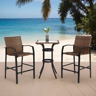 3-Piece Outdoor Rattan Bistro Set with Glass Top Table, Wicker Stools