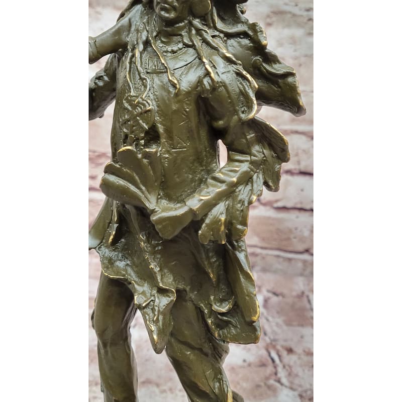 Bronze Native American Warrior Sculpture With Imitative Wolf Headdress
