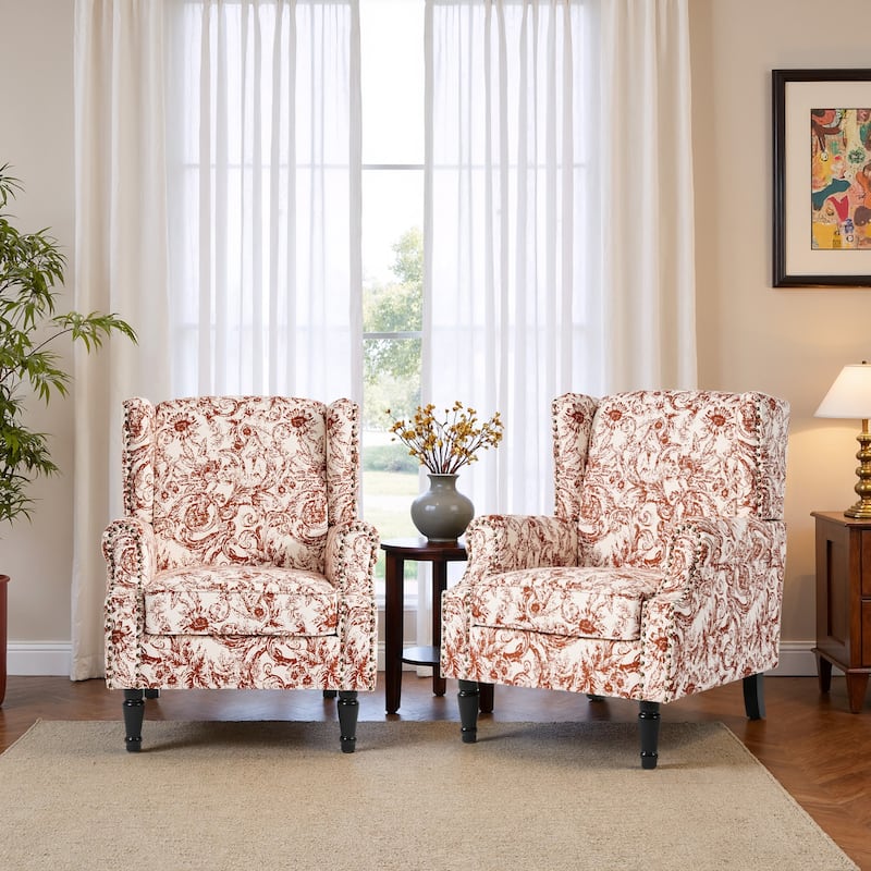 2 Set Traditional Patterned Wingback Accent Chairs with NailHead