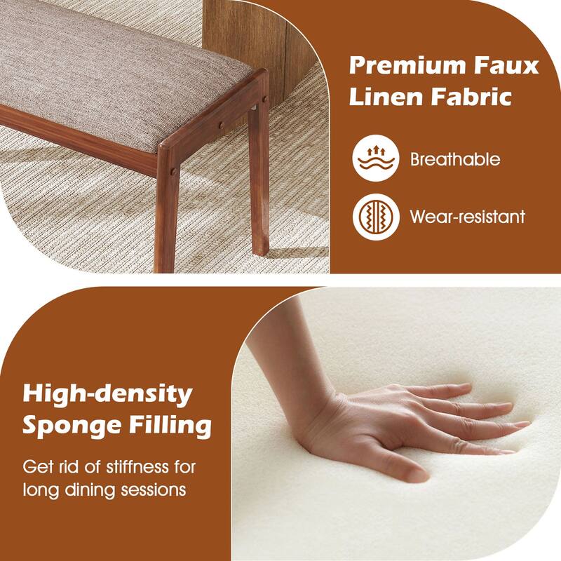 Natural Rubber Wood Dining Bench with Beige Faux Linen Padded Seat and Anti-Slip Pads - 45" L x 17" W x 19" H
