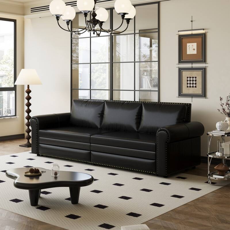 3-in-1 King Pull Out Sofa Bed Chesterfield Sofa, Velvet/Faux Leather Convertible Sleeper Sofa with Nailhead Trim & Rolled Arm