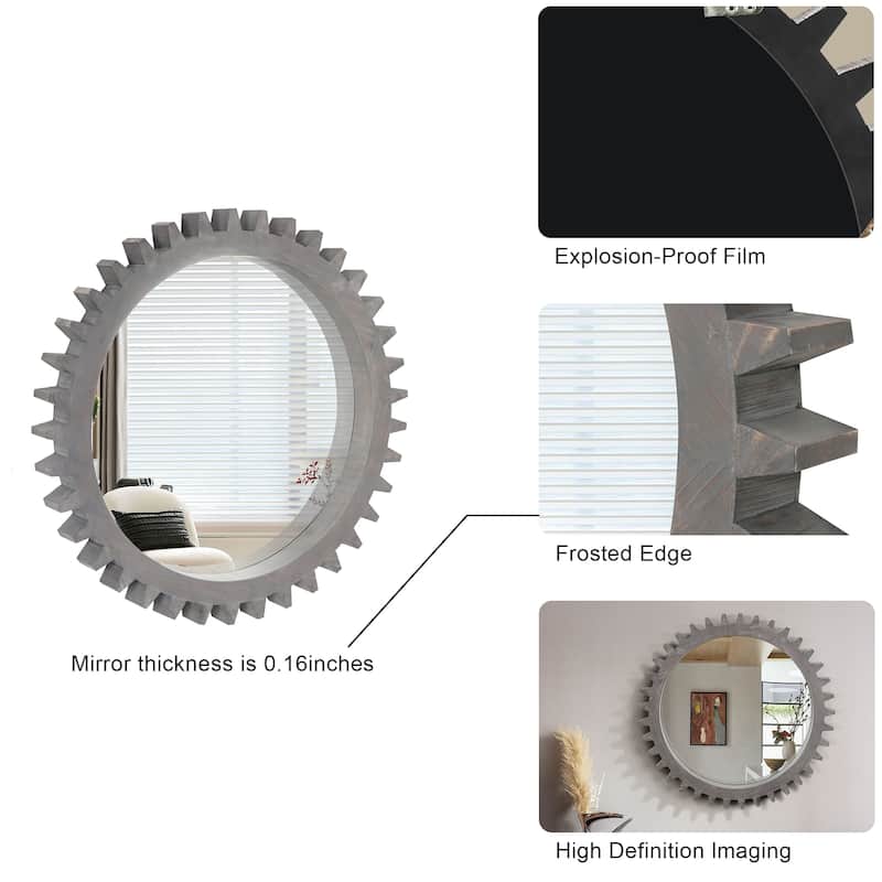 Vintage 34"x34"Wood Round Hanging Gear Shape Heavy Decorative Mirror For Bathroom Living Room Entryway Or Put Together