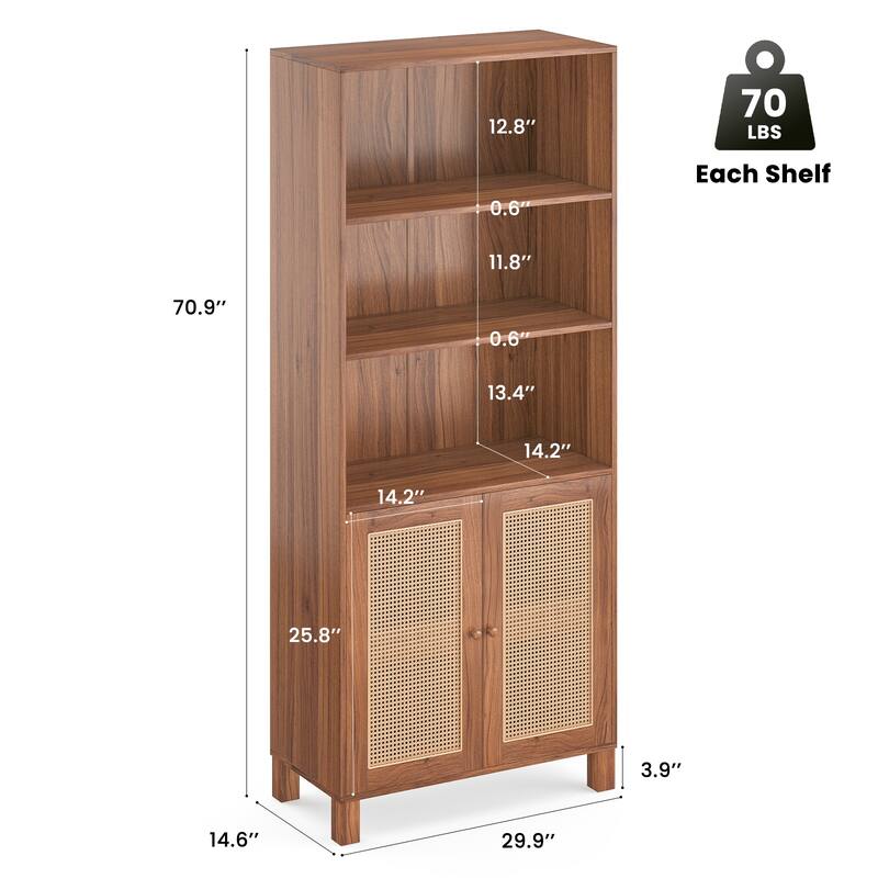Tall Bookcase with Rattan Doors,5 Tier Storage Wood Shelves Large Bookshelf for Library Living Room Bedroom Home Office