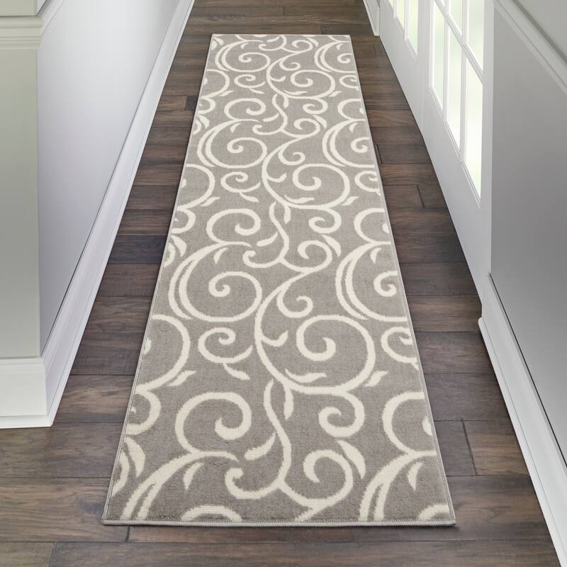 Nourison Grafix Farmhouse Country Scroll Transitional Area Rug - 2'3" x 7'6" Runner - Grey - Runner/Rectangle