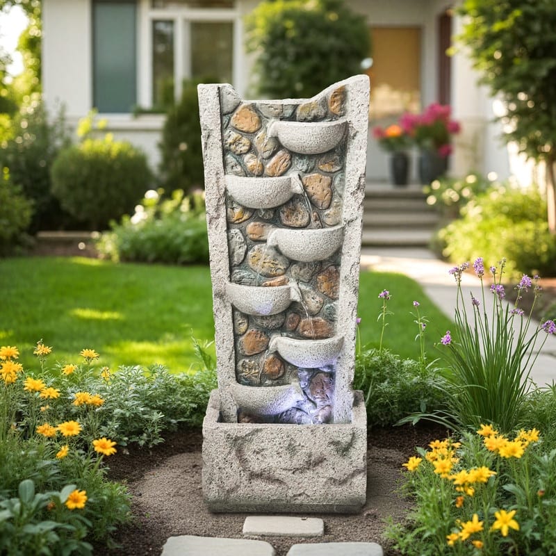 Outdoor 6-Tier Cascading Bowl Fountain in Marble-Style Resin with LED Lights – Elegant and Durable