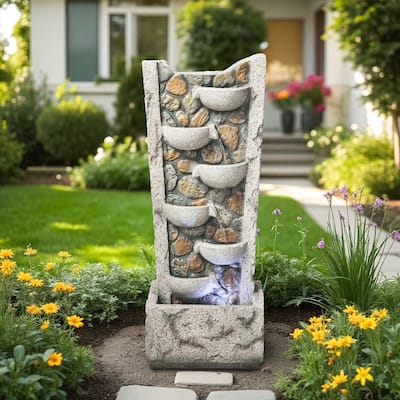 Outdoor 6-Tier Cascading Bowl Fountain in Marble-Style Resin with LED Lights – Elegant and Durable