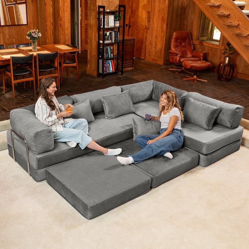 Jaxx Unsofa Modular Convertible Sectional Sofa with Fold Out King Sleeper Bed - U-Shaped Sectional. - Performance Microvelvet Elephant Dark Grey