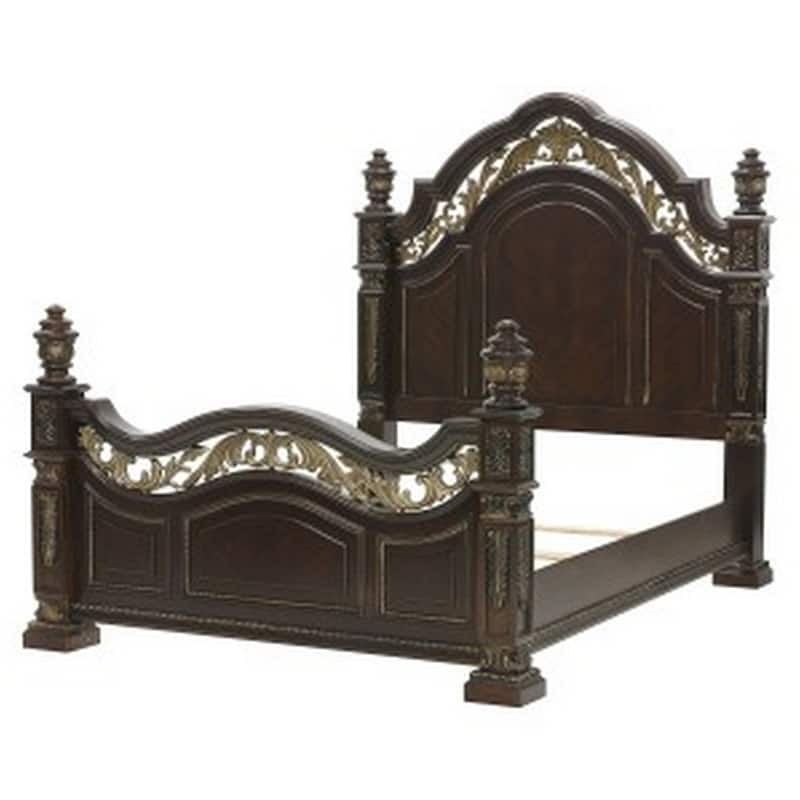Lumi Queen Bed, Classical Metal Scrollwork, Dark Cherry Brown and Gold