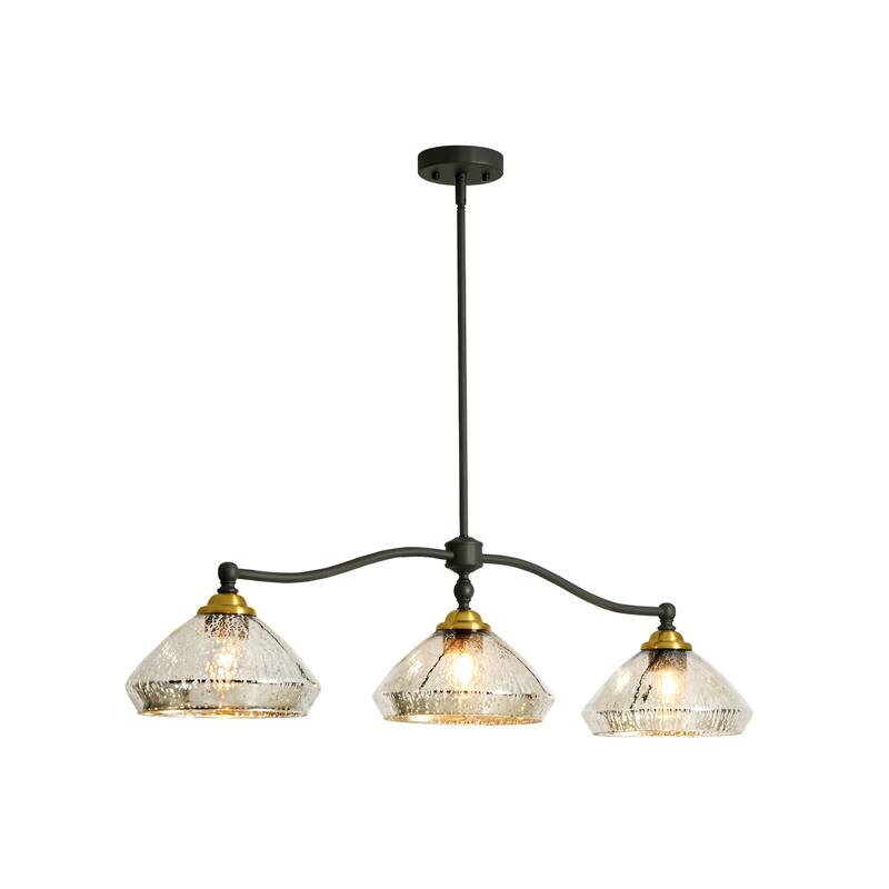3-Light 39" W Industrial Black Linear Island Lights with Antique Brass Color Dome Glass Shade for Kitchen, Dining Room
