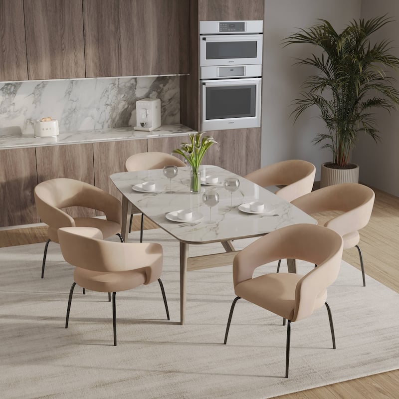 Open Back Dining Chair Upholstered in Leather or Velvet with Iron Legs
