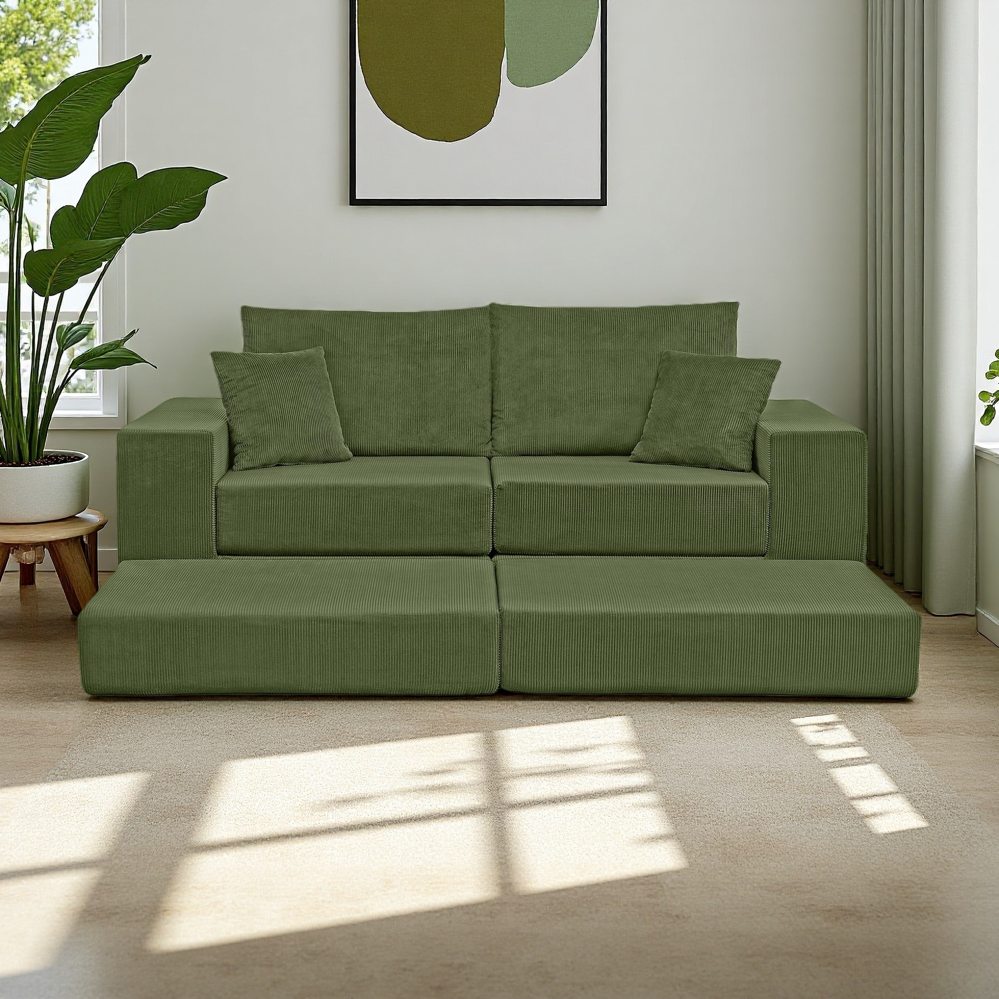 79.5" Corduroy L-Shaped Modular Cloud Sofa with Removable Ottoman, Deep Seat and Throw Pillows