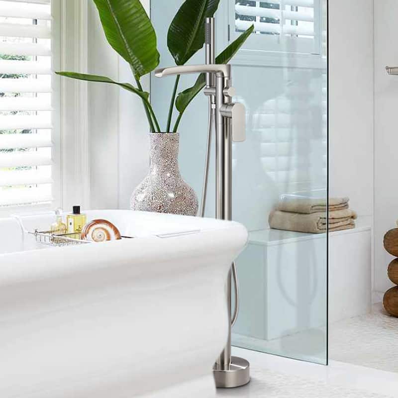Single Handle Floor Mounted Freestanding Waterfall Tub Filler with Handheld Shower