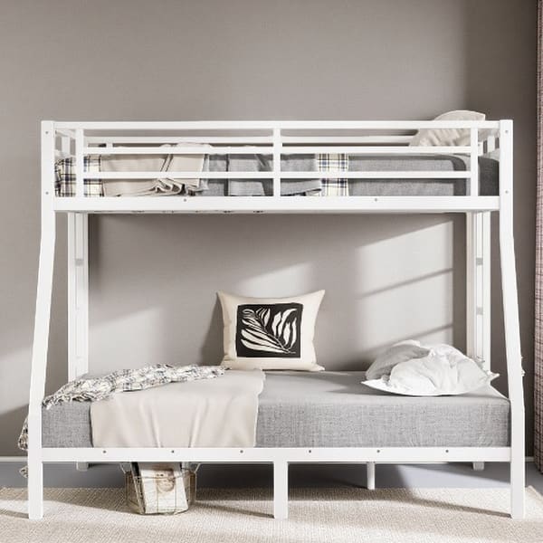 slide 2 of 11, Sturdy Metal Twin over Full Bunk Bed, Space-Saving Design with Noise Reduction, No Box Spring Needed, Under-Bed Storage Off White