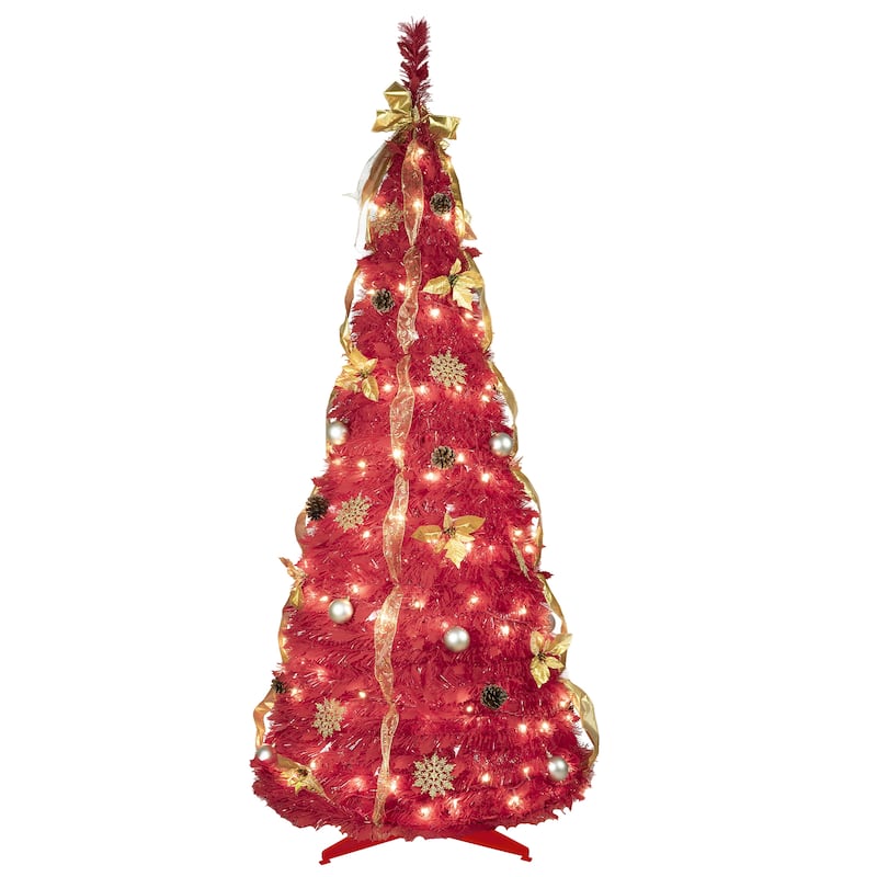 6FT Red Pop-Up Christmas Tree,150 Warm White LED Lights,Ornaments Included-4 Ribbons,Bow,Flowers,Snowflakes,Pine Cones&Balls