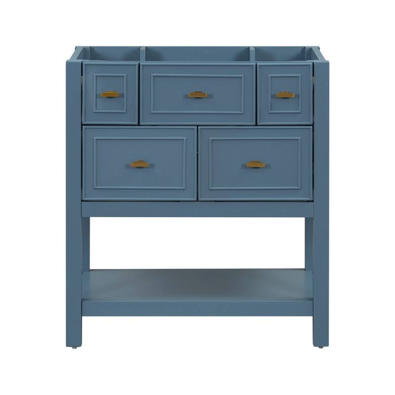 30'' Bathroom Vanity with/without Resin Sink, Freestanding Bathroom Vanity Cabinet with 5 Drawers & Open Shelf, Solid Wood Frame