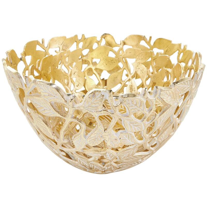 Gold Aluminum Metal Leaf Decorative Decorative Bowl with White Detailing (Set of 2)