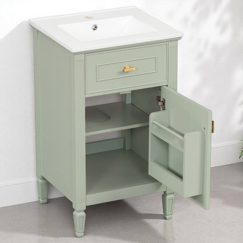 20" Bathroom Vanity with Sink, Freestanding White Cabinet with Ceramic Basin, Tilt-Out Drawer, Adjustable Shelf, Solid Wood Legs