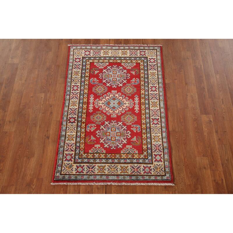 Kazak Oriental Accent Rug Hand-Knotted Red Geometric Wool Carpet - 2'8"x 4'1"
