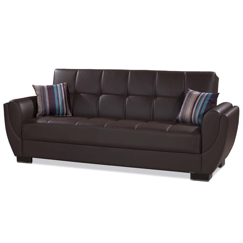 HomeRoots 93" Brown Faux Leather Convertible Futon Sleeper Sofa And Toss Pillows With Storage