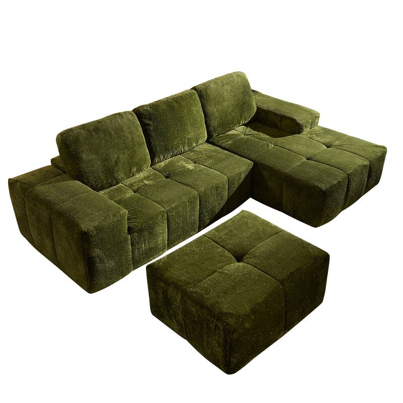 HOOOWOOO Modern Sparkly Velvet Fabric Chaise Sofa Couch with Ottoman
