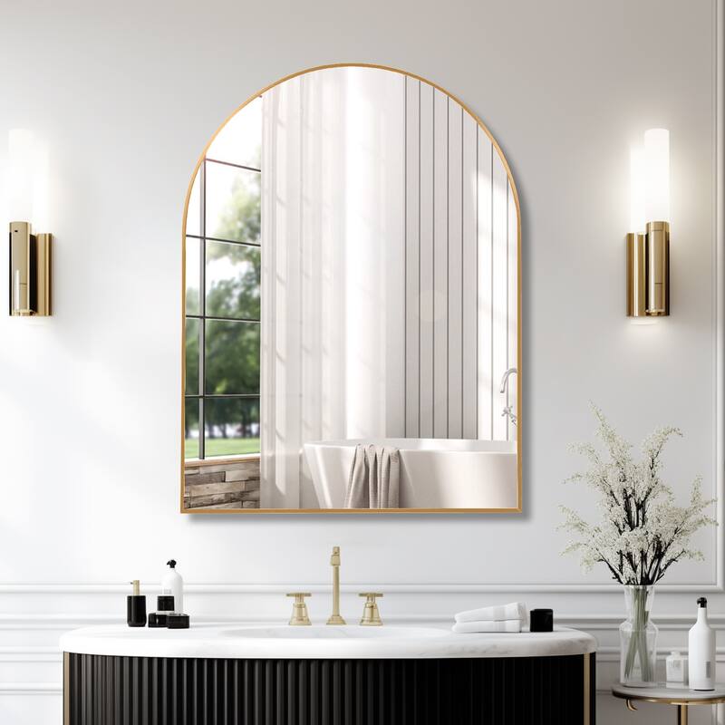 GDFStudio - Nordvale Luxury Modern Arched Bathroom Vanity Decorative Mirror with Easy Wall Mounting & Metal Frame - Gold - 30" x 40"