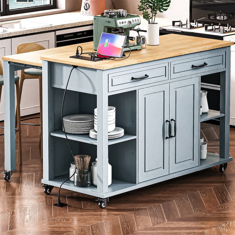 47" Wood Rolling Kitchen Island with Extendable Top,Rack,Power Outlet