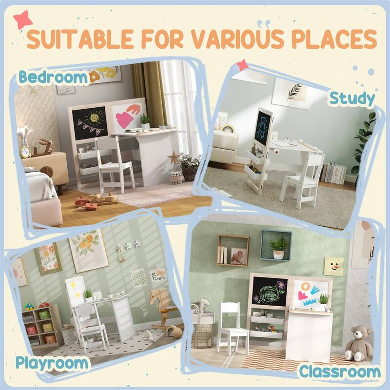 3-in-1 Children's Art Desk and Chair Set with Whiteboard-Blackboard and Storage Shelf - 32.1" L x 43.9" W x 40.3" H
